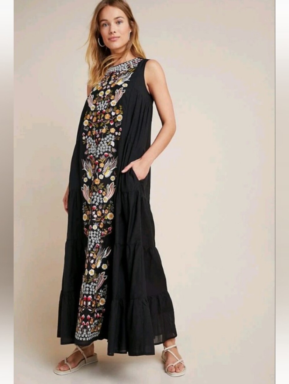 Anthropologie Jacaranda Black Sleeveless Embroidered Tiered Maxi Dress